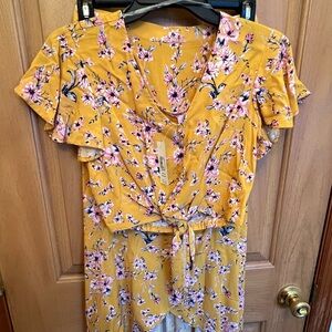 No Boundaries Mustard Yellow Floral Tie-Front Crop Top & High Low Skirt 2 Piece